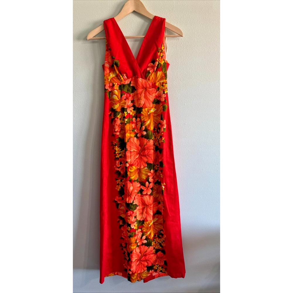 Hawaiian Togs Vintage 60s Hawaiian Pleated Train Hibiscus Maxi Dress Size 8 (XS)